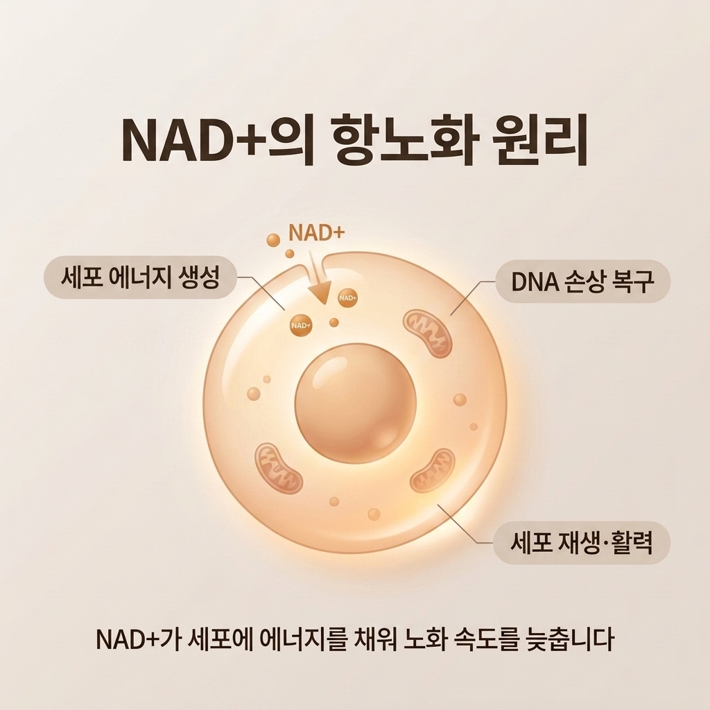 NAD+ 항노화 원리 세포 에너지 생성 DNA 복구 세포 재생 인포그래픽